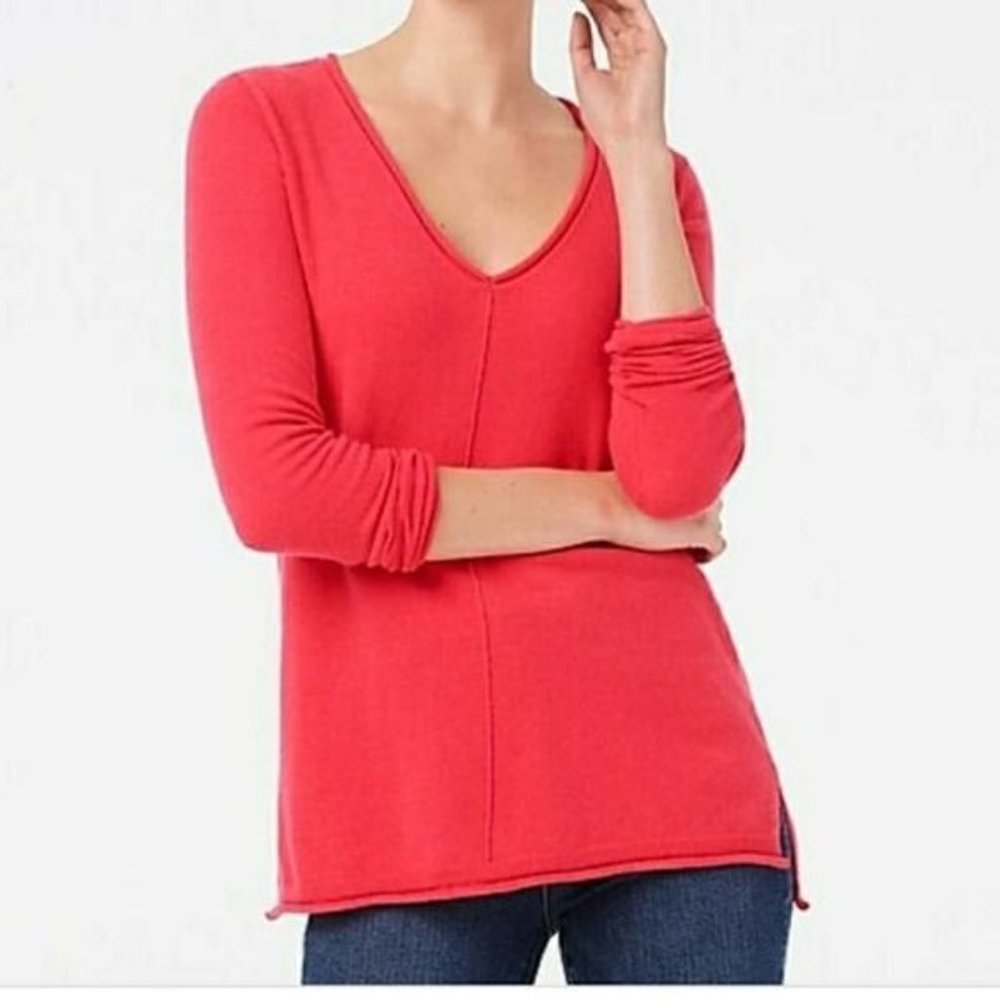 J. Crew Factory Woman's Sz S Red V Neck Step Hem‎ Fall Cotton Wool Sweater AC623